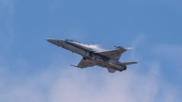F/A-18 Hornet fighter jet in the air.