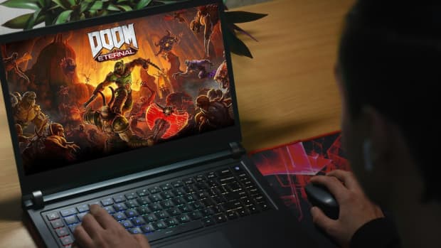 The Doom Eternal game on a laptop