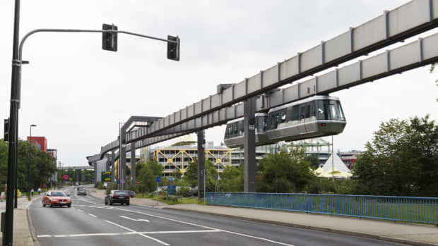 A hanging monorail train