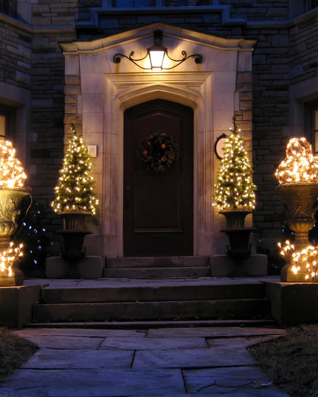 Holidays lights in front of a front door