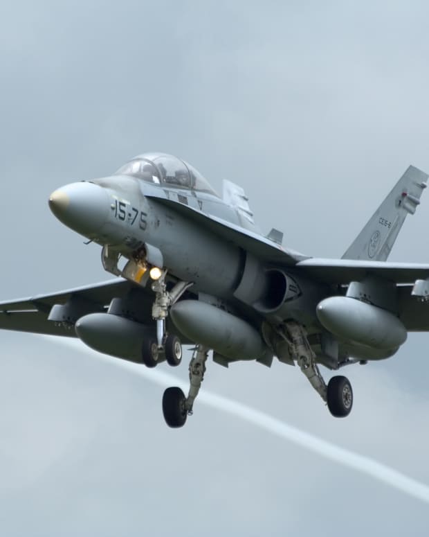 F/A-18 Super Hornet fighter jet in air.