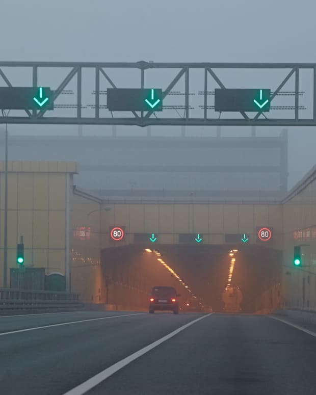 Foggy tunnel entrance.