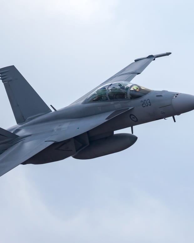 F-18 Super Hornet in sky.