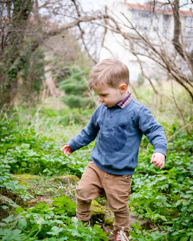 Child exploring woods.