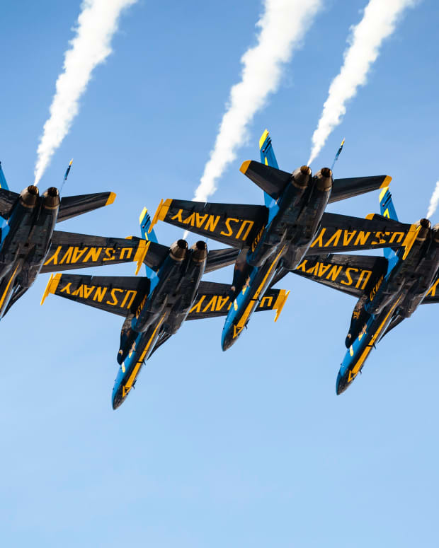 US Navy Blue Angels in sky.