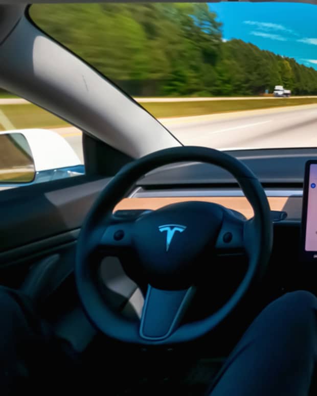 The inside of a Tesla using Autopilot