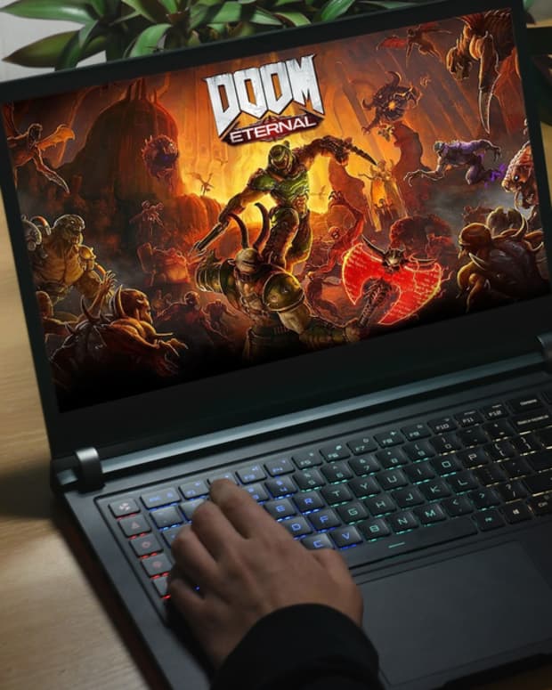 The Doom Eternal game on a laptop