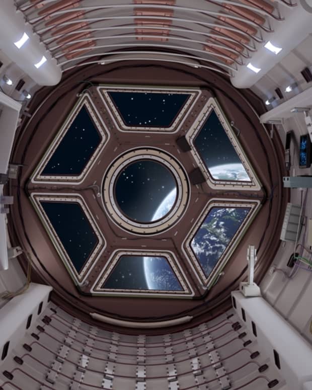 A view from the inside of a space station looking out.